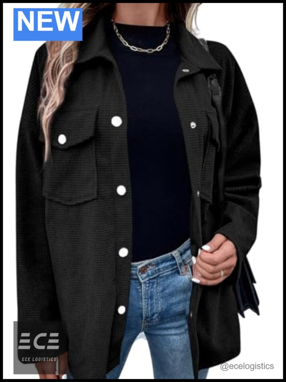 Waffle Knit Long Shacket Button Down Collared Oversized Casual Shirt